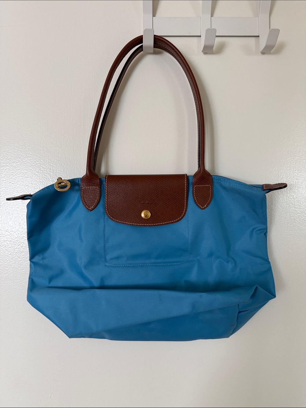 Authentic Longchamp Blue Tote with Brown Leather Trim